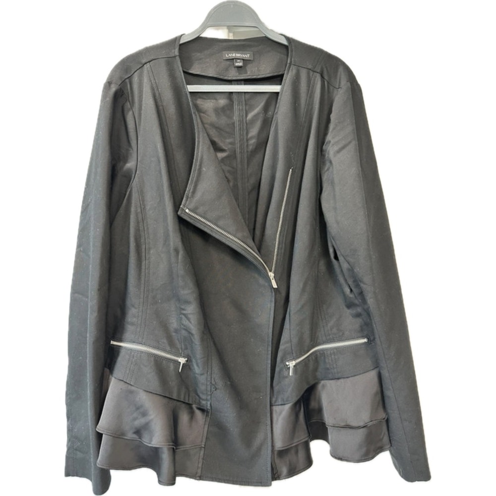 Lane Bryant Womens Plus 24/26 Black Moto Jacket Satin Ruffle Hem Asymmetric Zip